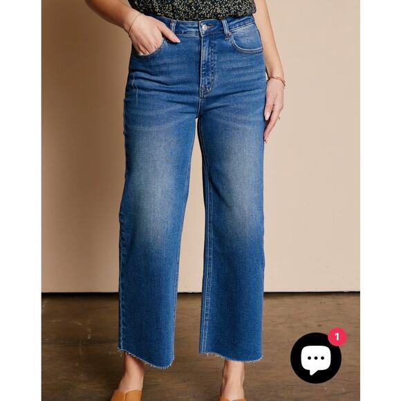 TNR Sz 30 High Rise Cropped Wide Leg Jeans Medium Wash Raw Hem Finish Stretchy - Picture 1 of 16